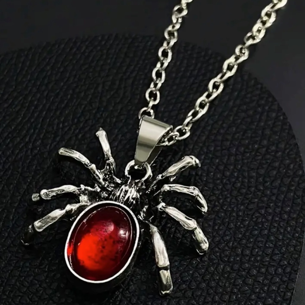 Gothic Vintage Style Spider Pendant Necklace with Red Faux Gemstone